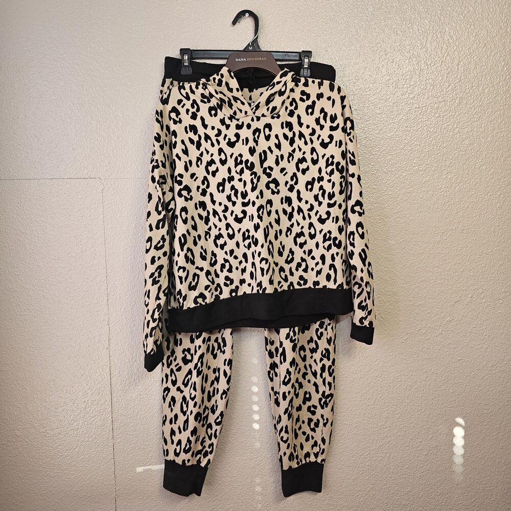 Tart Intimates Leopard Hooded Pajama Set Sz Large Lounge Cozy Soft Fleece R563